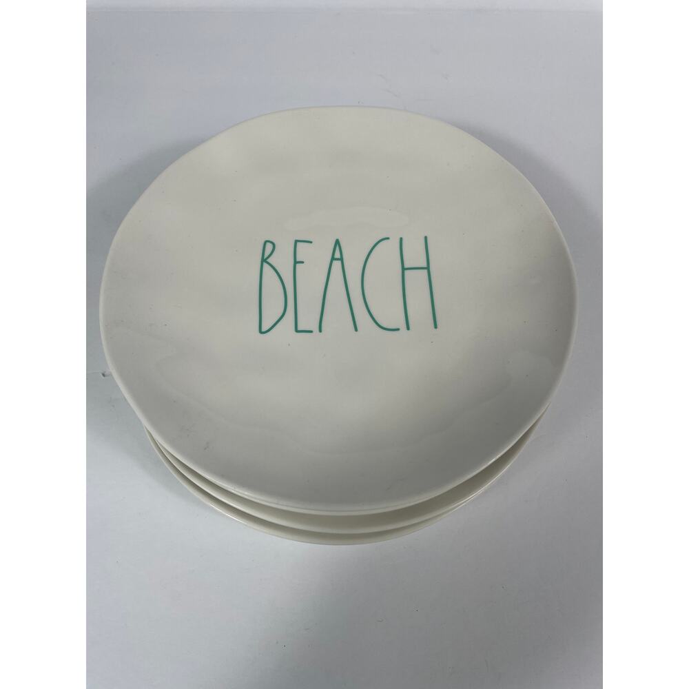 Lot Of 4 Rae Dunn Plates Beach Sand Sea Surf White With Green Blue - Picture 2 of 7